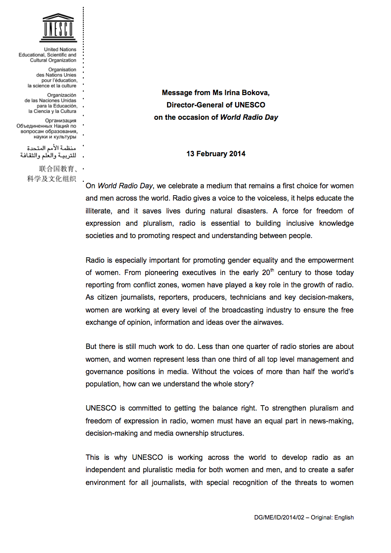 Message on the occasion of World Radio Day, 13 February 2014