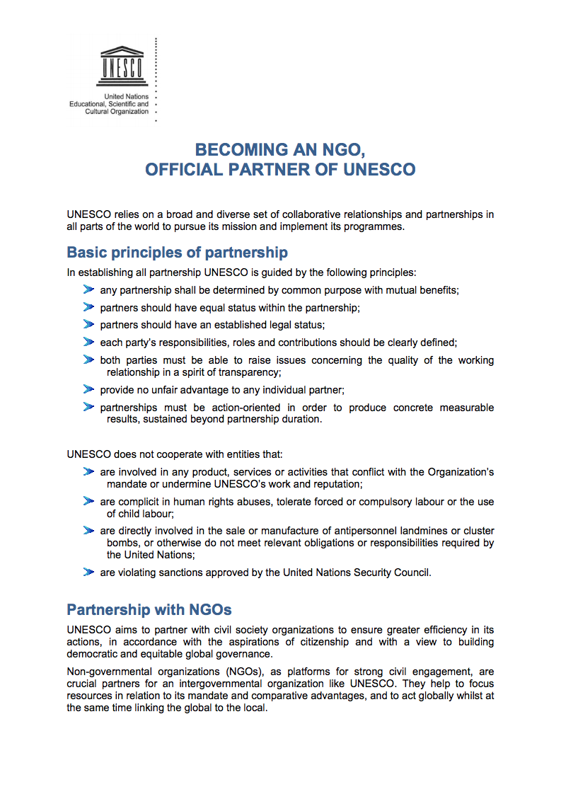 유네스코 공식 NGO 파트너십 안내자료 (Brochure ''Becoming an NGO, official partner of UNESCO’)
