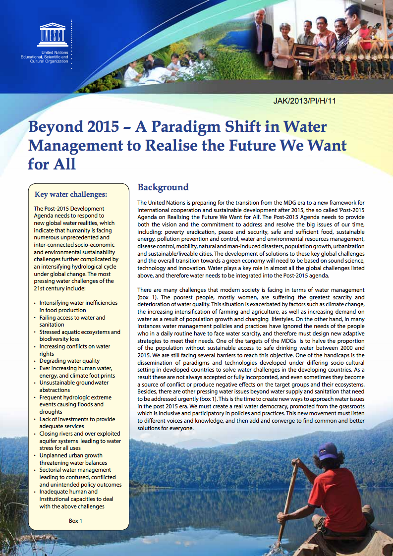 Beyond 2015: a paradigm shift in water management to realise the Future We Want for All